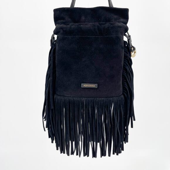 Aquazzura Black Suede Gytane Mini Fringe Trim Drawstring Hobo Crossbody Bag - Picture 4 of 10